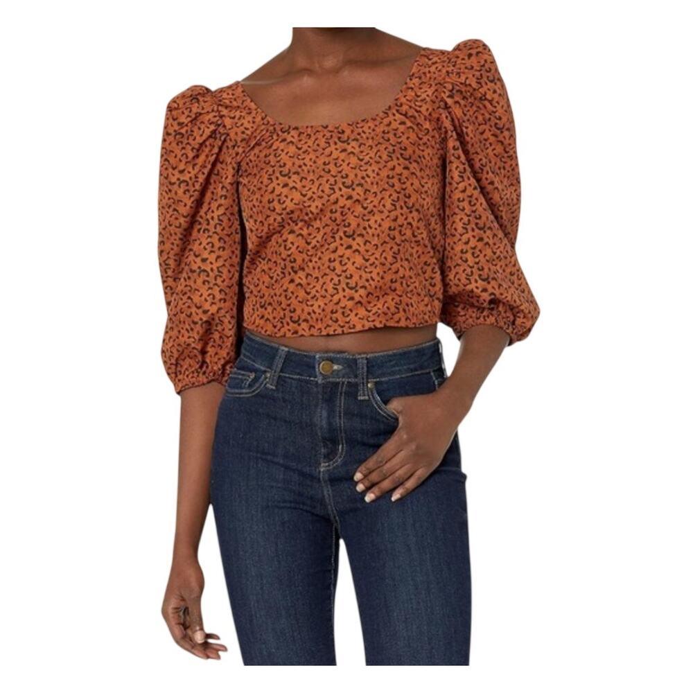 Levi's Blouse Womens Large Brown Leopard Square Neck Puff Sleeve Cropped Top